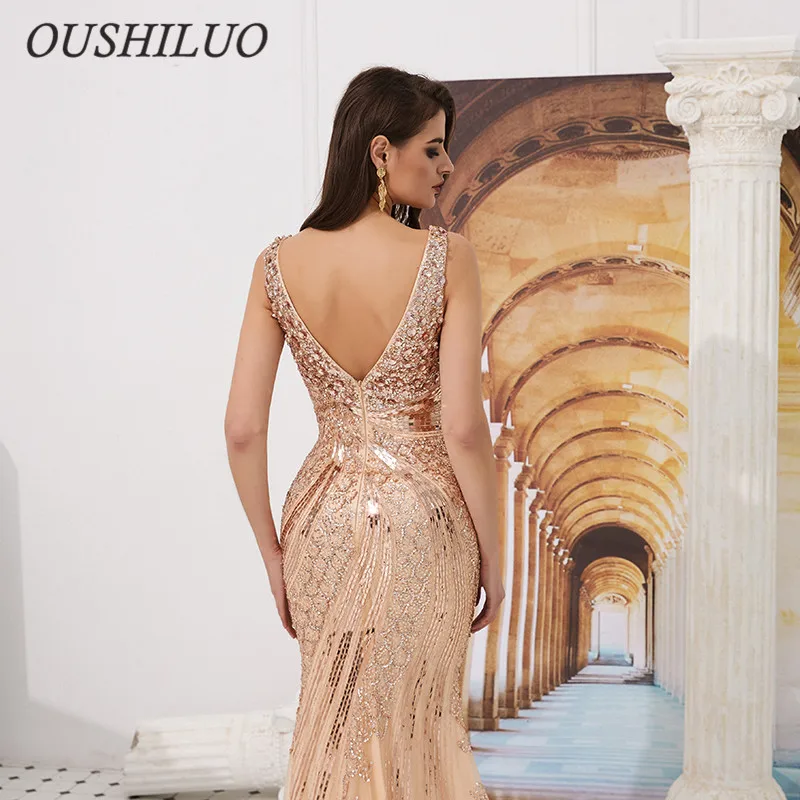 Роскошное вечернее платье русалки с золотыми кристаллами 2019 сексуальное длинное
