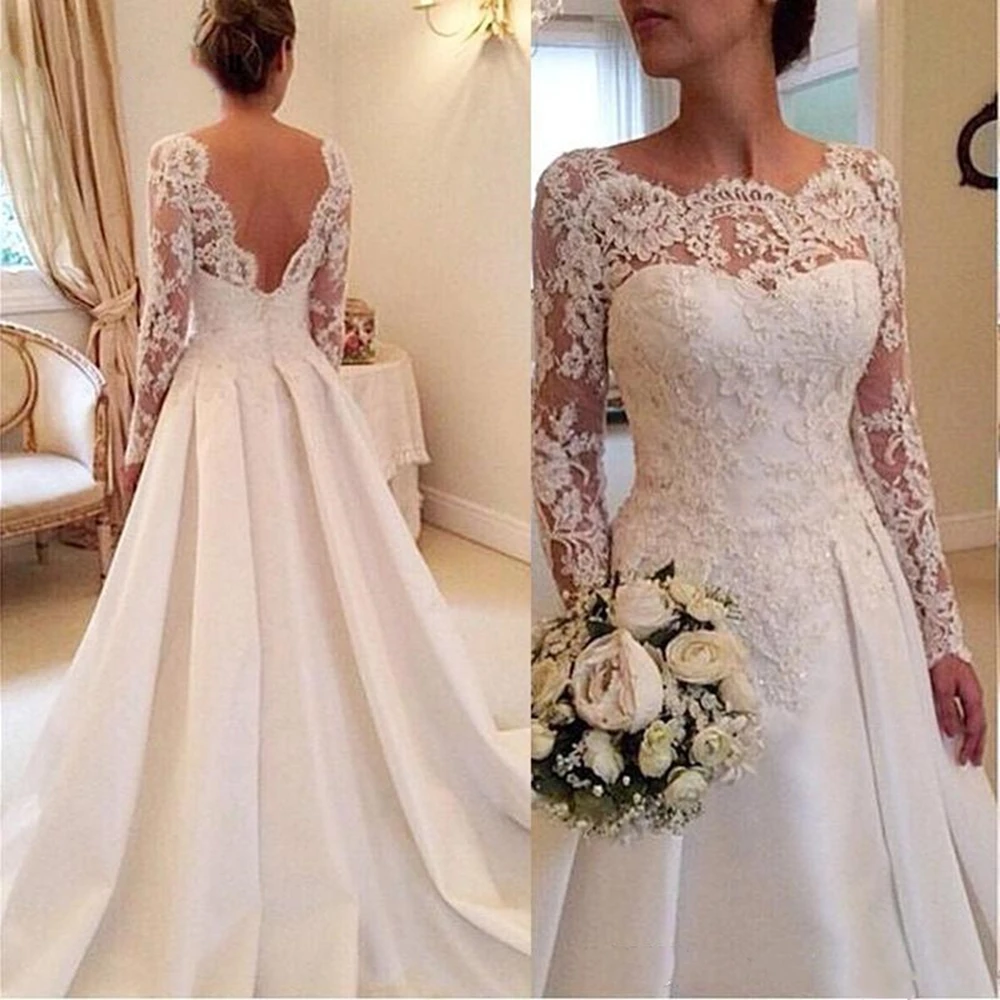 2021 Long Sleeve Wedding Dresses A Line Sheer Neckline Backless Lace and Satin Bridal Wedding Gowns
2021 Long Sleeve Wedding Dresses A Line Sheer Neckline Backless Lace and Satin Bridal Wedding Gowns