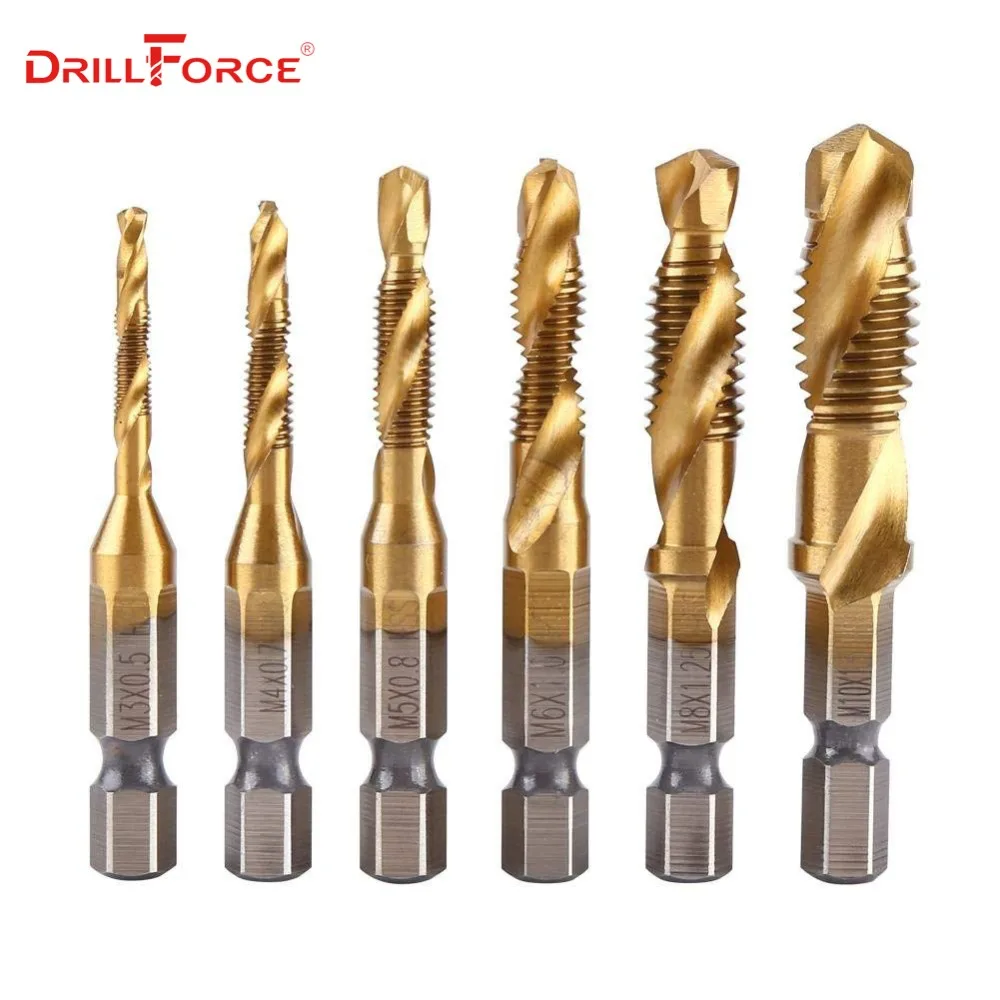 6PCS M3-M10 Screw Tap Drill Bits HSS Taps Woodworking Metric Combination Bit High Speed Steel Titanium 1/4" IN Quick Change Hex
6PCS M3-M10 Screw Tap Drill Bits HSS Taps Woodworking Metric Combination Bit High Speed Steel Titanium 1/4" IN Quick Change Hex