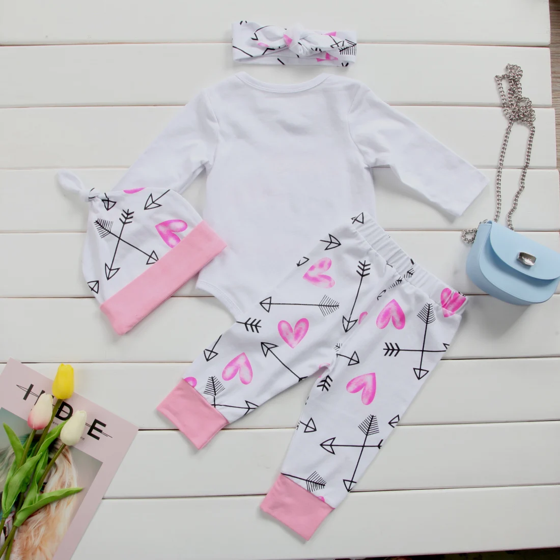 Tops Bodysuits Long Sleeve Pants Headbands Hat Jumpsuit Bodysuit Clothes 4pcs Outfits Set Infant Newborn Baby Girl Clothing Set