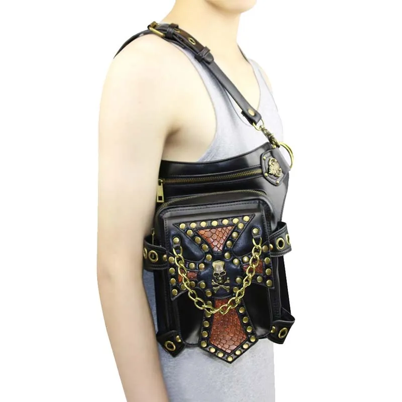 Женская/Мужская черная кожаная сумка с черепами и заклепками в стиле ретро