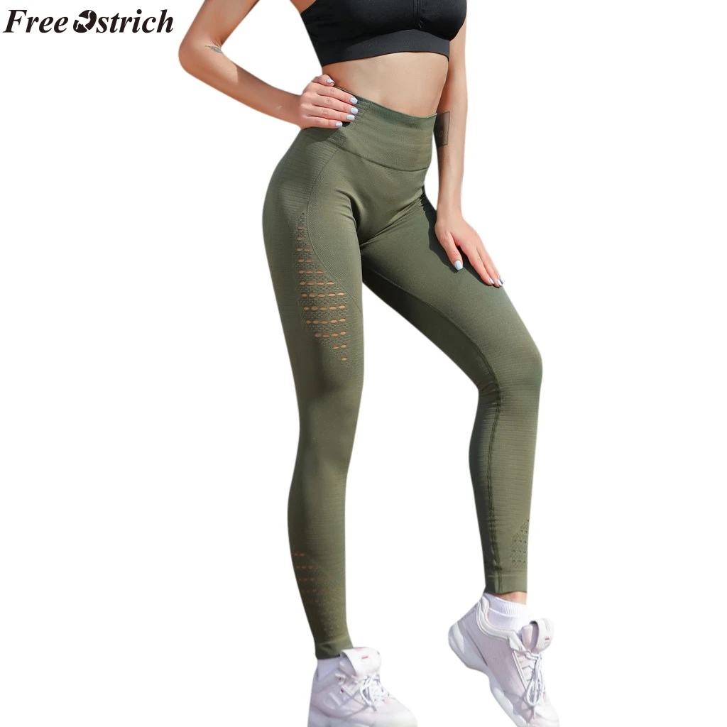 FREE OSTRICH women fashion solid color hole hollow high waist slim leggings pants up elastic fitness plus size | Женская одежда