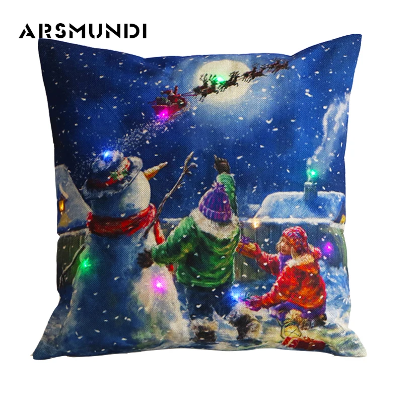 

Merry Christmas Snowman LED Flax Cushion Cover Printed Wreath Deer Woven Pillowcase Simple Christmas Decorations For Home