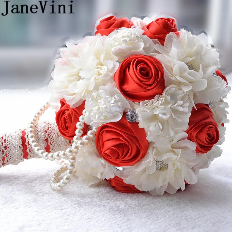 

JaneVini Red Pink Rose Wedding Bouquets Bridal Satin Brooch Beaded Ivory Purple Crystal Brides Pearls Flowers Bouquet Ramo Novia
