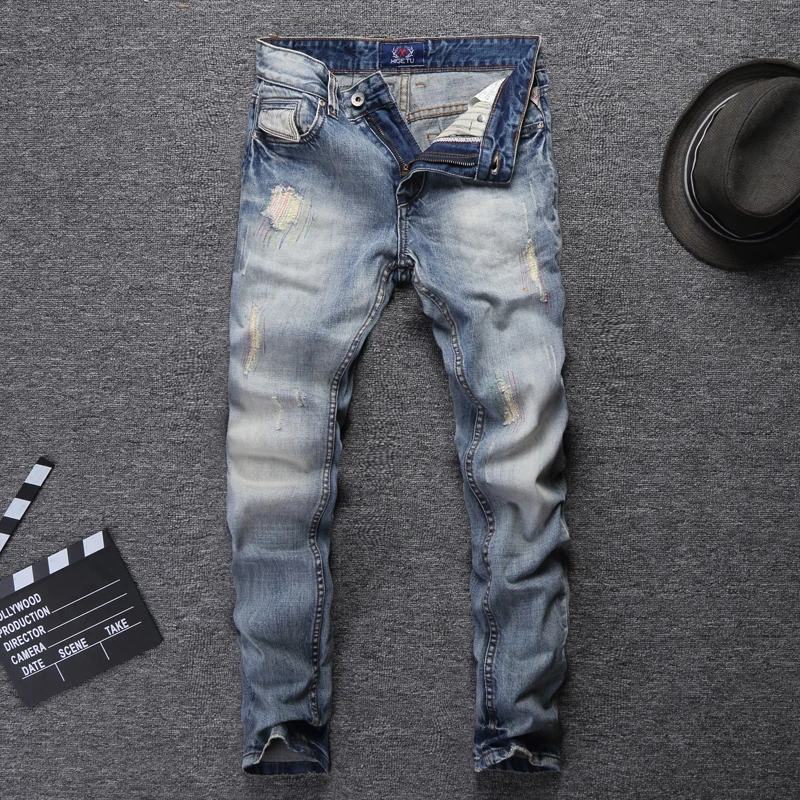 Мужские рваные джинсы синие зауженные с вышивкой классический винтажный