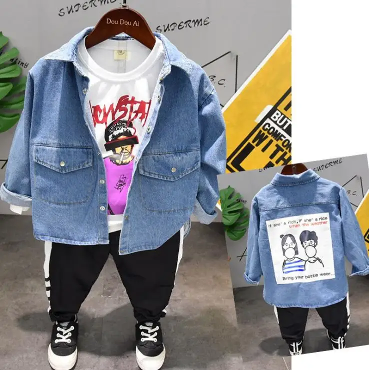 spring and autumn new boy suit children's cartoon T-shirt + boys striped pants + casual denim jacket three-piece baby trend
spring and autumn new boy suit children's cartoon T-shirt + boys striped pants + casual denim jacket three-piece baby trend