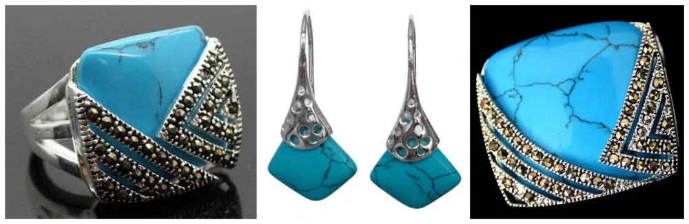 Vintage Blue Turquoise 925 Sterling Silver Marcasite Ring (#7-10) pendant and earrings sets 02
Vintage Blue Turquoise 925 Sterling Silver Marcasite Ring (#7-10) pendant and earrings sets 02