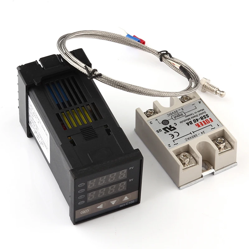 Digital PID Temperature Controller REX-C100 REX C100 thermostat + 40DA SSR Relay+ K Thermocouple 1m Probe For RKC
Digital PID Temperature Controller REX-C100 REX C100 thermostat + 40DA SSR Relay+ K Thermocouple 1m Probe For RKC