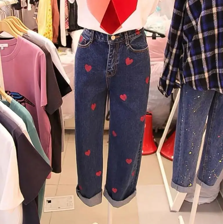 New spring autumn Korean straight jeans women high waist love heart stitching fashion loose denim pants truosers r1303
New spring autumn Korean straight jeans women high waist love heart stitching fashion loose denim pants truosers r1303