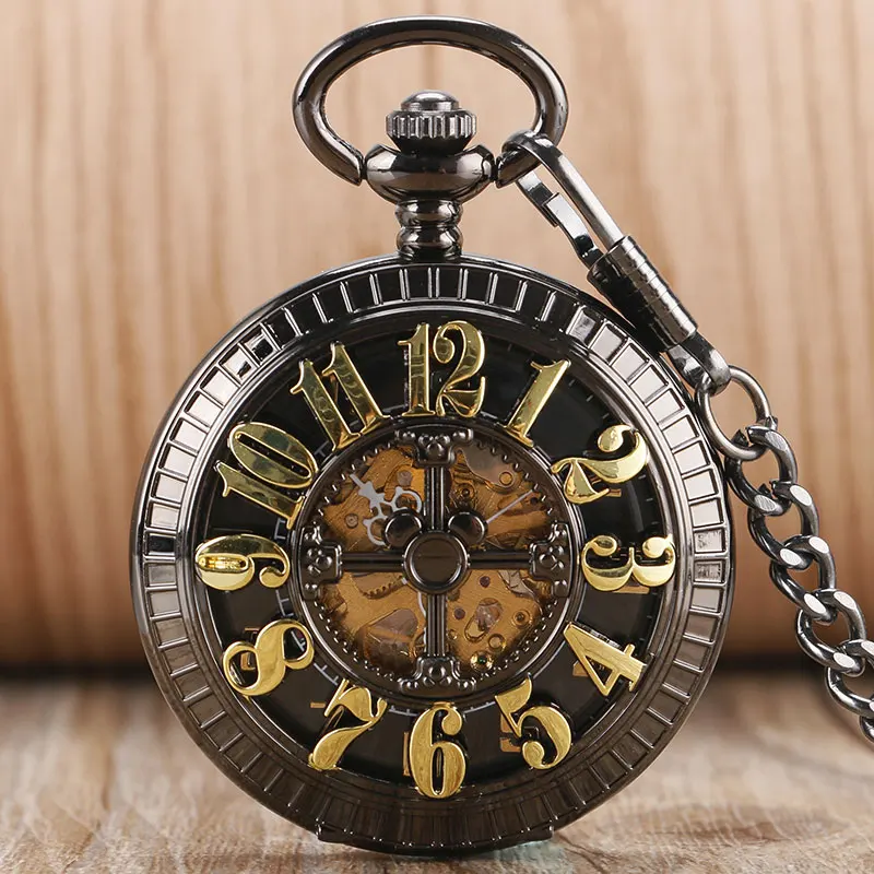

2016 Fashion Lovely Arabic Numbers Hollow Pocket Watch Mechanical Automatic Fob Clock Men Women Gift With Chain
