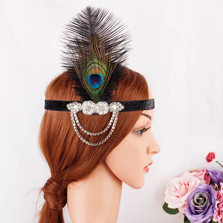 Vintage diamond-encrusted headband, peacock feather tassel bridal ball banquet headdress
Vintage diamond-encrusted headband, peacock feather tassel bridal ball banquet headdress