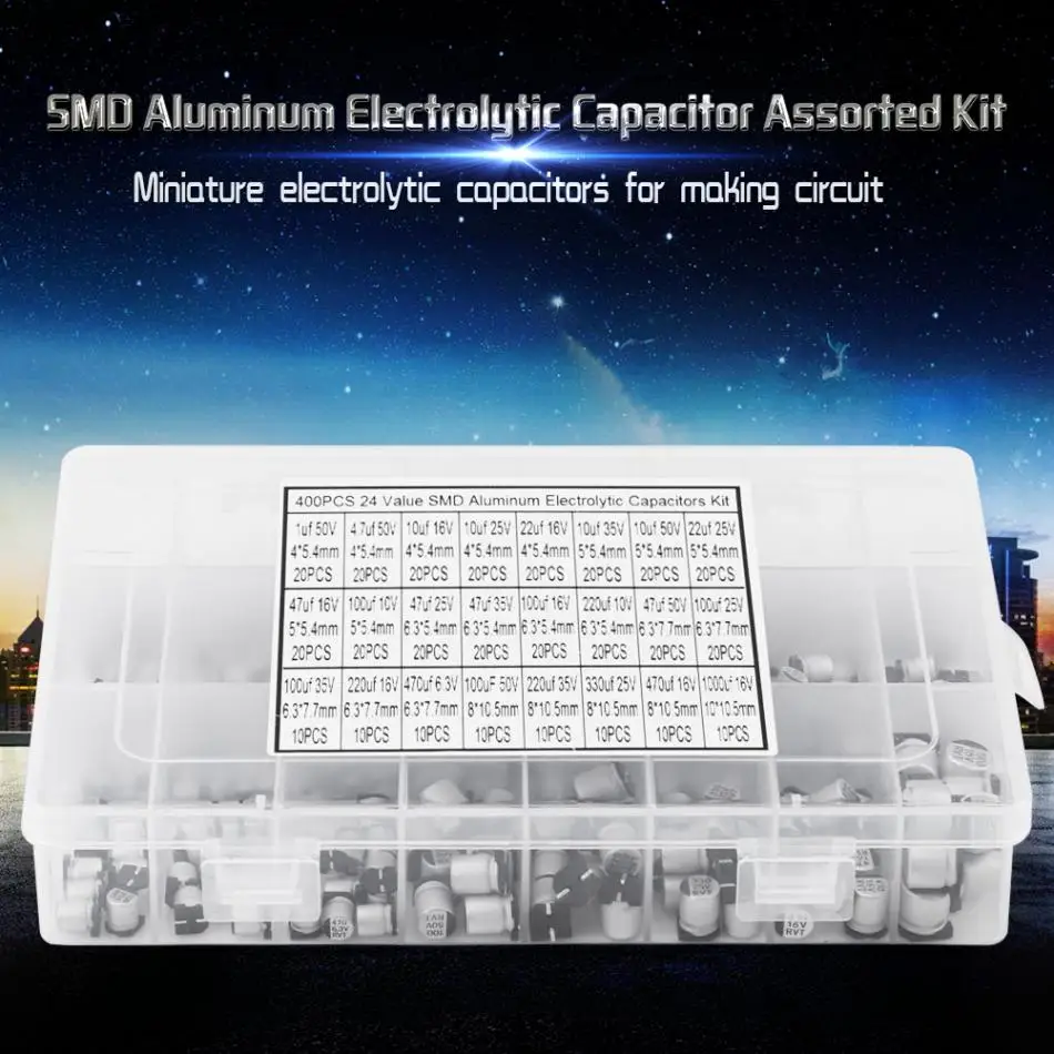 400 Pcs/lot 24 Values SMD Aluminum Electrolytic Capacitor Assorted Kit 1uF - 1000uF Radial Capacitor Electronic Components
400 Pcs/lot 24 Values SMD Aluminum Electrolytic Capacitor Assorted Kit 1uF - 1000uF Radial Capacitor Electronic Components
