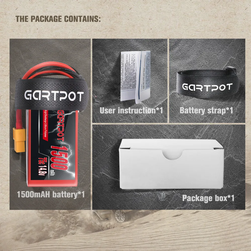 GARTPOT 4S lipo Battery fpv 1500mAh drone battery 75C 14.8V Lipo Battery drones Rechargeable with XT60 for RC Car Helicopter fpv
GARTPOT 4S lipo Battery fpv 1500mAh drone battery 75C 14.8V Lipo Battery drones Rechargeable with XT60 for RC Car Helicopter fpv