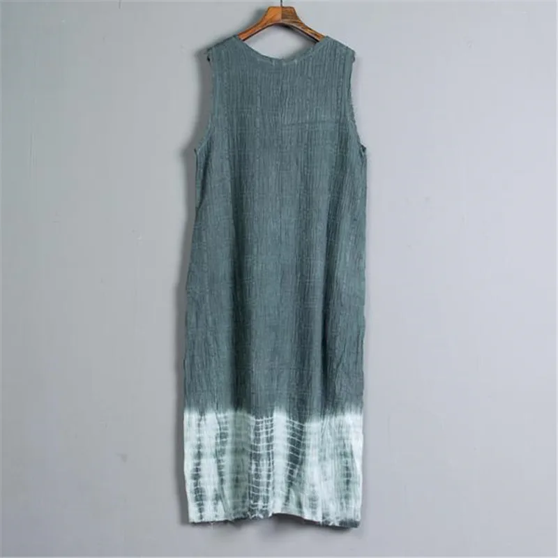 BUYKUD 2018 Summer Women Beach Sleeveless Splicing Green Dresses Cotton Linen Casual Round Neck Loose Long Dress With Pockets | Женская