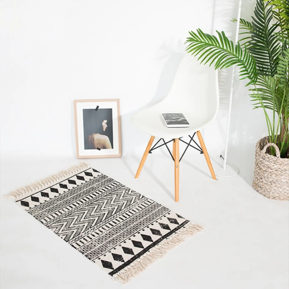 

Черно-белый коврик RAYUAN в марокканском стиле для растушевки, с геометрическим рисунком, с бахромой, гобеленовое одеяло, коврик для двери, 60x90 ...