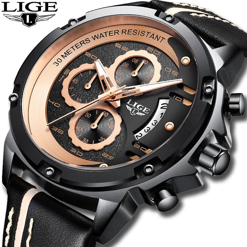 LIGE 2019 Montre Homme мужские часы кожаный ремешок водонепроницаемый Кварцевый Хронограф
