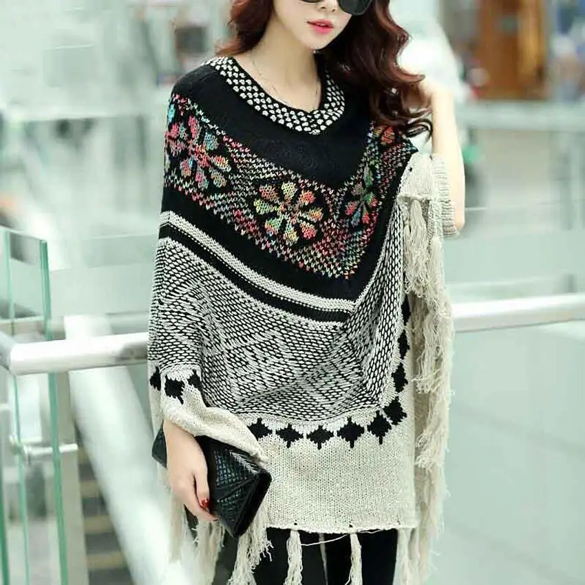 Ethnic Vintage Geometric Print Batwing Sleeve Long Poncho Womens Capes And Ponchoes 2016 Autumn Winter Pullover With Tassel | Женская