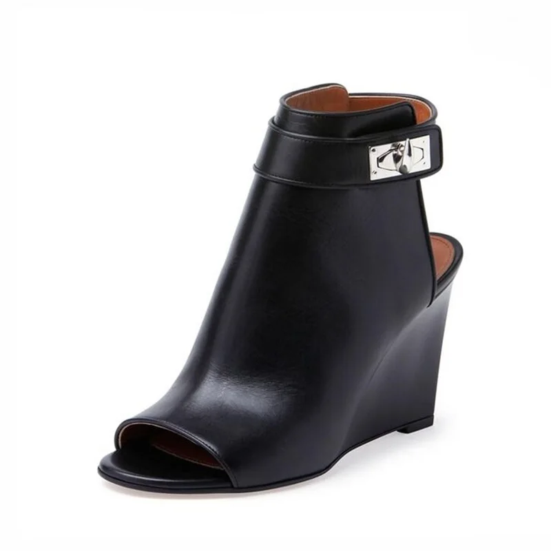 Fashion Black Leather Women Wedge Boots Peep Toe Back Cut-out Strap Lock Decor Ladies Ridding Boots Plus Size 10
Fashion Black Leather Women Wedge Boots Peep Toe Back Cut-out Strap Lock Decor Ladies Ridding Boots Plus Size 10