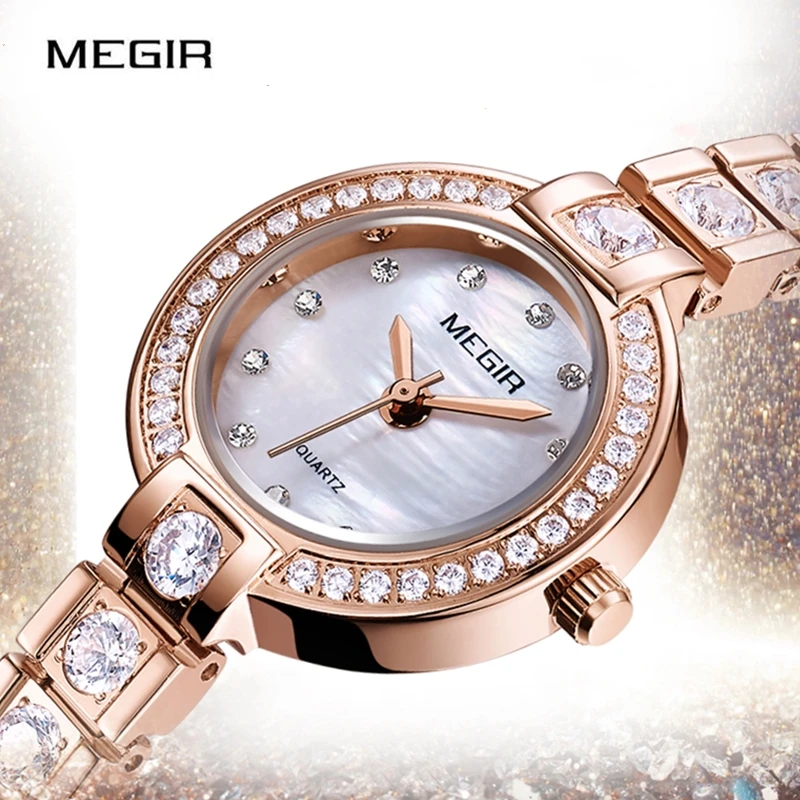 Женские роскошные часы со стразами MEGIR розовое золото Reloj Mujer|Женские наручные