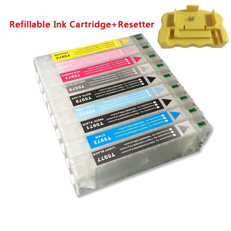 9 Colors T5961-T5969 Refillable Ink Cartridge + 1 PC Resetter For Epson 7890 9890 7908 9908 Large Format Printer With Chips
9 Colors T5961-T5969 Refillable Ink Cartridge + 1 PC Resetter For Epson 7890 9890 7908 9908 Large Format Printer With Chips