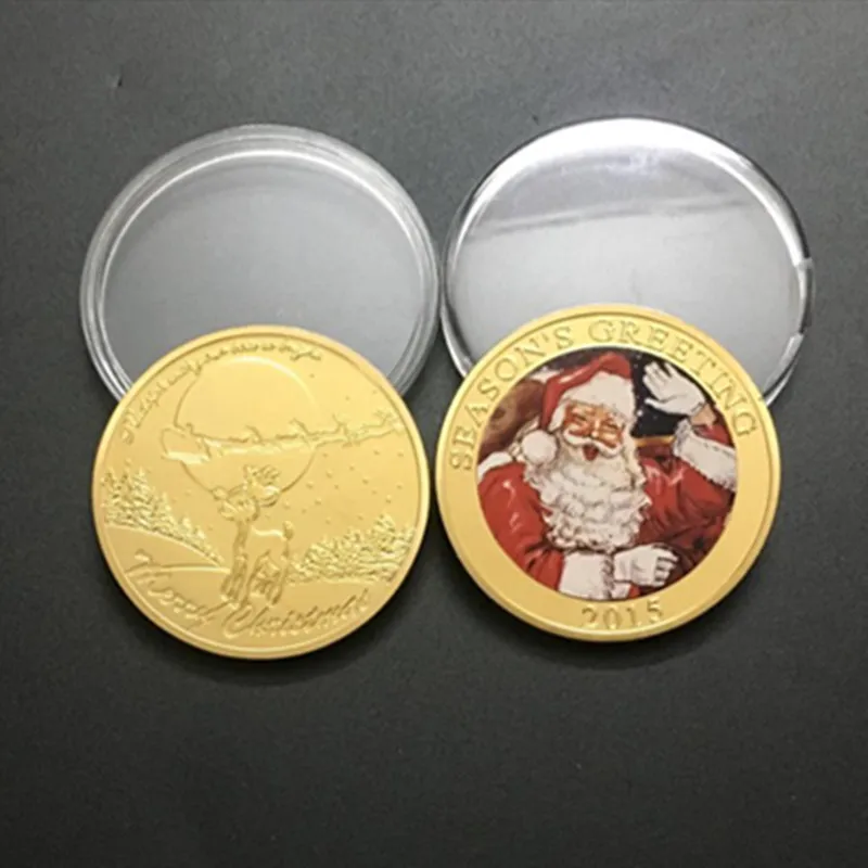 

5 шт 2015 Санта Клаус животное олень значок Рождественский подарок 24k настоящее золото покрытием 40 мм сувенирная монета
