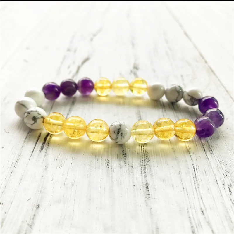 Дизайнерский браслет из 3 бусин желтый кварц и фиолетовый Howlite круглые бусины