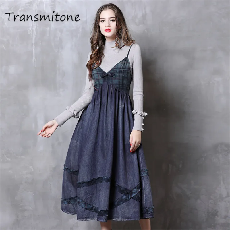 Spring Denim Women Dress 2019 Vintage New Patchwork Plaid Dress Big Hem Spaghetti Strap Dresses A-line Vestidos Femininas
Spring Denim Women Dress 2019 Vintage New Patchwork Plaid Dress Big Hem Spaghetti Strap Dresses A-line Vestidos Femininas