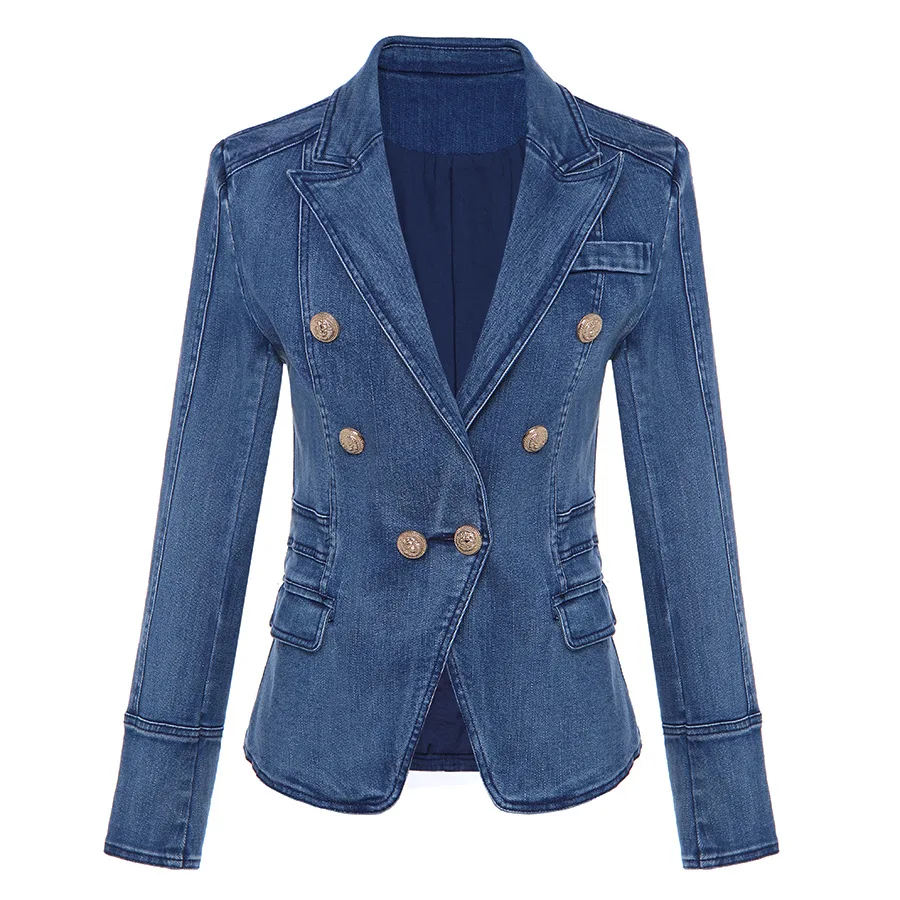 Spring Autumn Women Office Lady Blazer Fashion female Metal Lion Buttons Double Breasted Denim Blazer Jacket casaco feminines 
Spring Autumn Women Office Lady Blazer Fashion female Metal Lion Buttons Double Breasted Denim Blazer Jacket casaco feminines