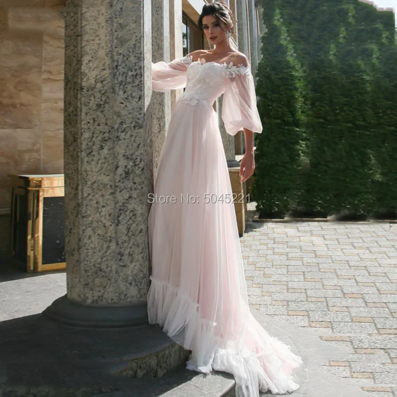 Pink A-Line Lace Appliques Wedding Dresses 2019 Puff Sleeves Long Sleeves Off the Shoulder Sweetheart Tulle Wedding Gowns
Pink A-Line Lace Appliques Wedding Dresses 2019 Puff Sleeves Long Sleeves Off the Shoulder Sweetheart Tulle Wedding Gowns