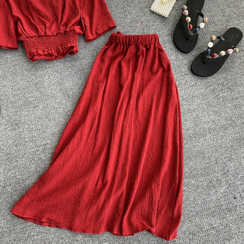 Summer 2019 Single Breasted Red Black Two Piece Set Elegant Short Sleeve V Neck Chic Tops And Mid-Calf Skirt Female 2 Piece Set
Summer 2019 Single Breasted Red Black Two Piece Set Elegant Short Sleeve V Neck Chic Tops And Mid-Calf Skirt Female 2 Piece Set