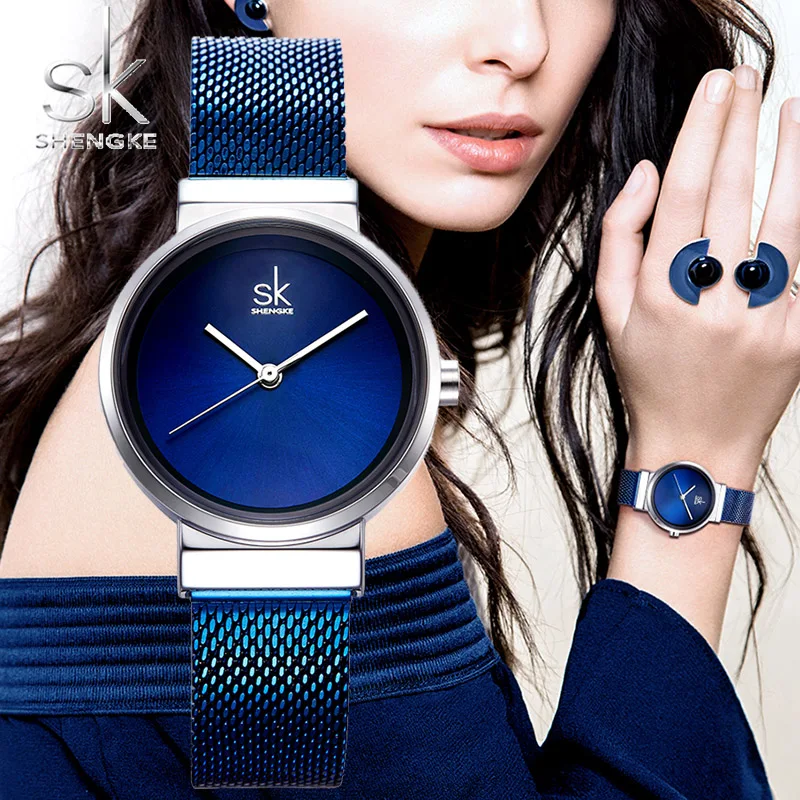 Shengke Роскошные Синие часы из нержавеющей стали женские модные кварцевые для Reloj