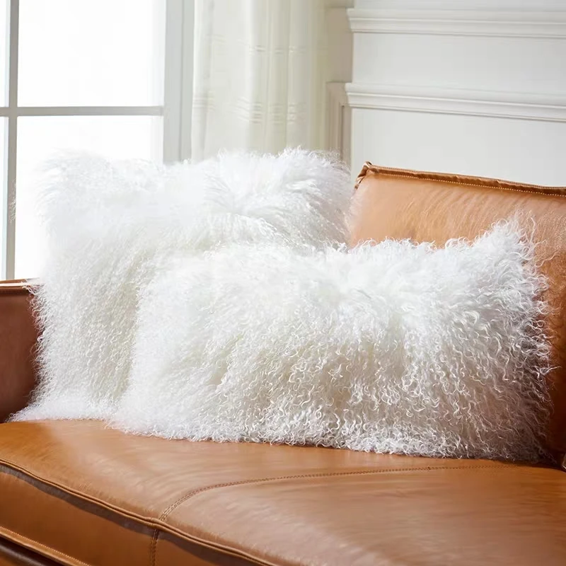 

Single side Mongolian sheep skin fur seat pillow cushion, genuine natural curly Tibet sheep fur decoration sofa pillow case