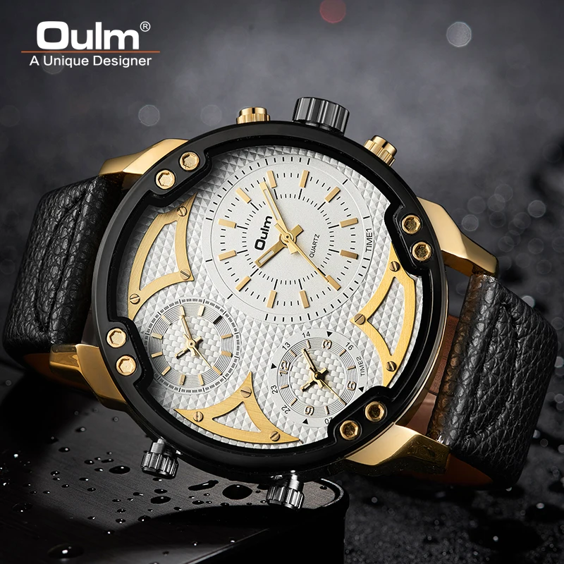 

Oulm Watches Big Size Dial Military Quartz Watch Multiple Time Zone Leather Strap Male Wristwatch Men Clock Relogio Masculino