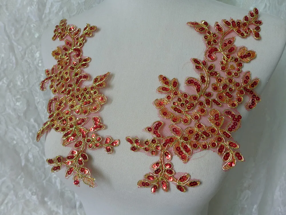 5 Pairs Hot Sale Red Gold Alencon Sequins Floral Embroidered Lace Applique Trim Garment Accessories
5 Pairs Hot Sale Red Gold Alencon Sequins Floral Embroidered Lace Applique Trim Garment Accessories