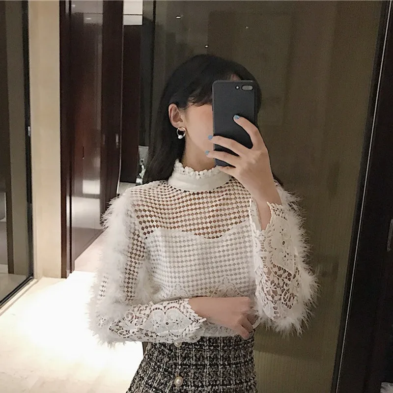 2019 spring Fashion Women Fur Panel crochet Lace Hollow Turtleneck Blouse blusas Shirt Tops blusas femininas
2019 spring Fashion Women Fur Panel crochet Lace Hollow Turtleneck Blouse blusas Shirt Tops blusas femininas