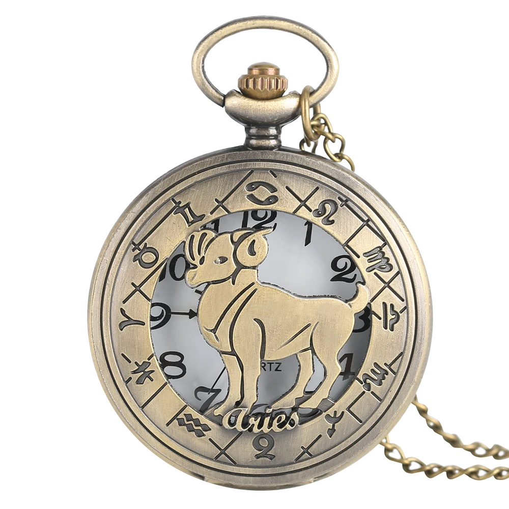 Constellation Stylish Aries Design Pocket Watch Women Men Zodiac Pendant Necklace Chain Fashion Birthday Gift Relogio De Bolso | Наручные