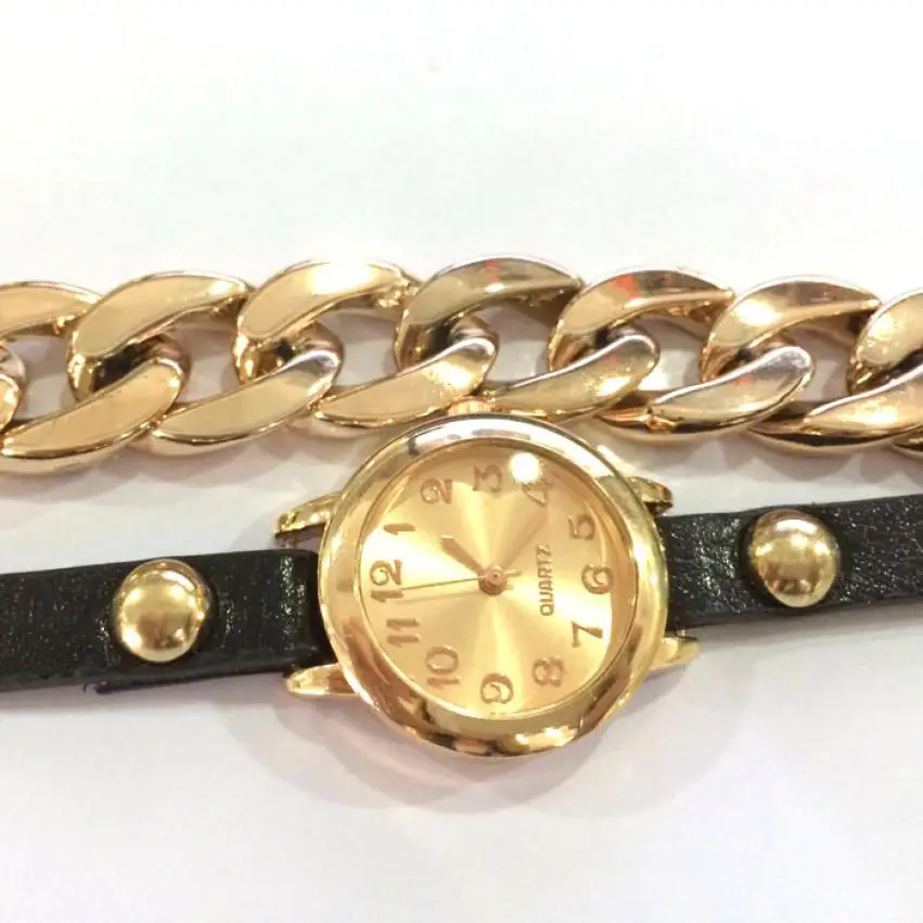 Simple Stylish Punk Women Gold Dial Leather Chain Wrap Analog Quartz Wrist Watches Bracelet Fashion Ladies Wathes Relojes Mujer
Simple Stylish Punk Women Gold Dial Leather Chain Wrap Analog Quartz Wrist Watches Bracelet Fashion Ladies Wathes Relojes Mujer