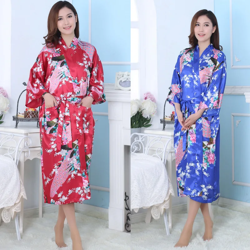 

Silk Bathrobe Women Satin Robes for Women Flower Nightgown Bride Silk Homewear Dressing Gown Peacock Pajamas Tang Clothes 16