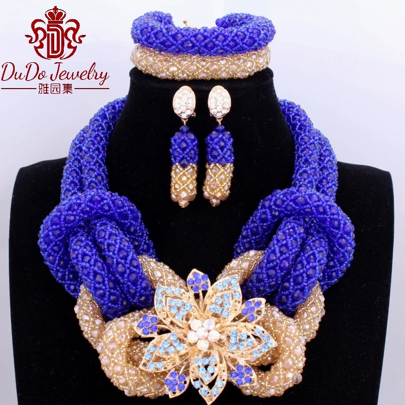 Fashion African Nigerian Beads Jewelry Sets For Women Royal Blue Gold Necklace Set Big 2018 Bijoux Free Shipping Turkish | Украшения и