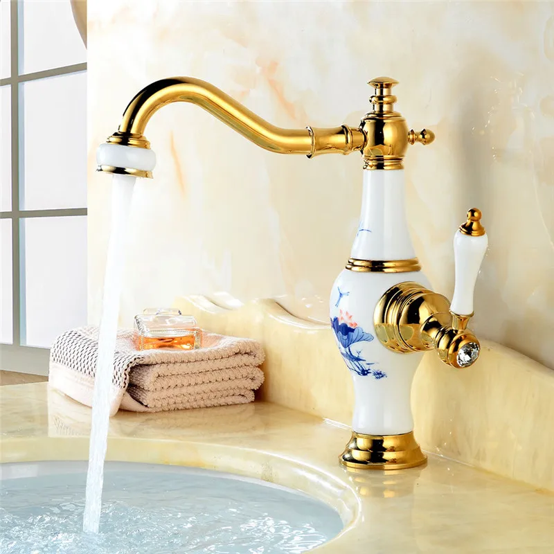 Bathroom Basin Faucet Golden and Ceramic Brass Sink Mixer Tap Deck Mounted Water Tap Hot Cold Crane Unique design Tap Torneira
Bathroom Basin Faucet Golden and Ceramic Brass Sink Mixer Tap Deck Mounted Water Tap Hot Cold Crane Unique design Tap Torneira