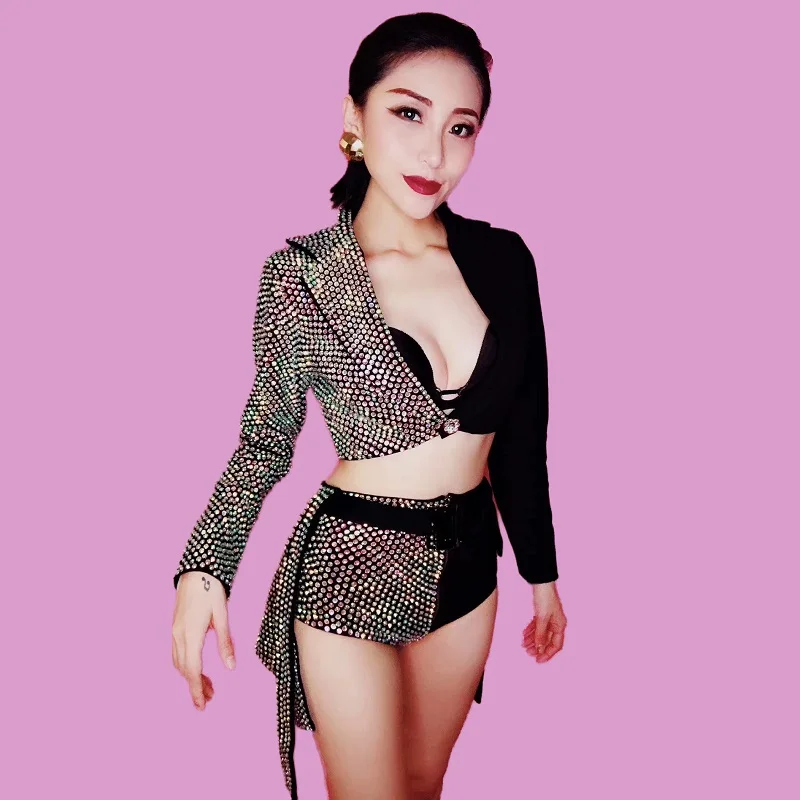 Блестящий бриллиантовый ночной клуб Женский DJ Singer Crop Top Blazer Hot Skirted шорты