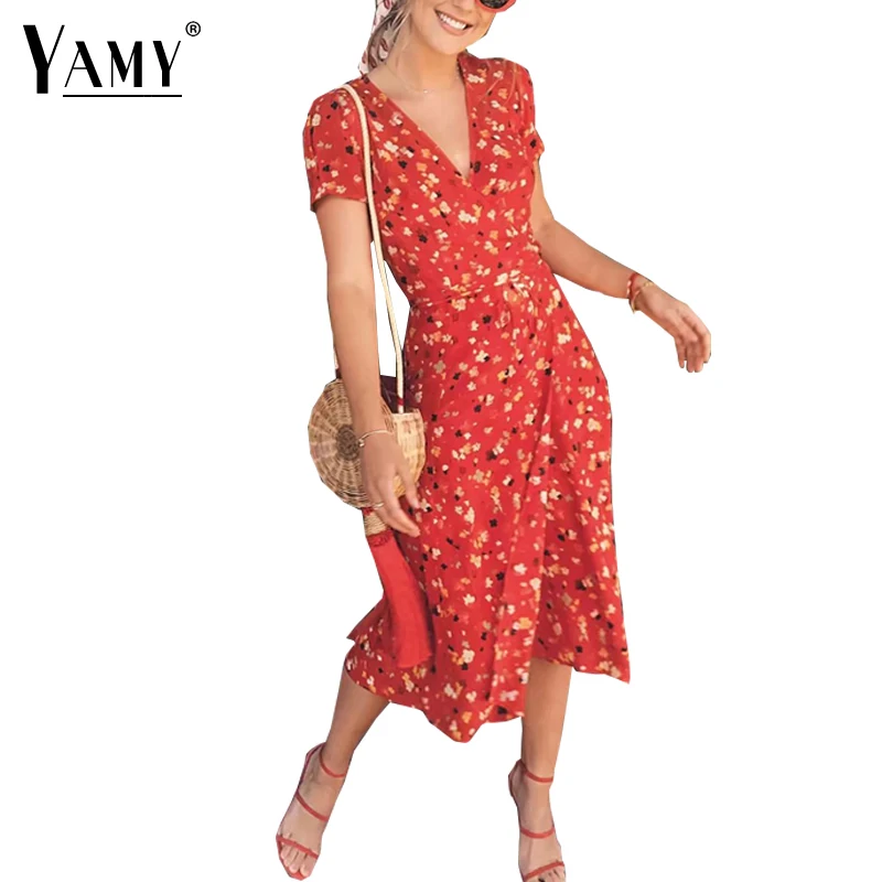 Летнее шифоновое платье с цветочным принтом вишни женское ретро v-образным