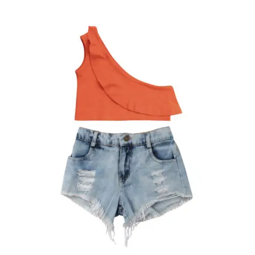 1-6Y Summer One Shoulder Toddler Kids Girls Ruffles T-shirt Tops+Denim Hot Pants Shorts Ripped Outfits Set Clothes
1-6Y Summer One Shoulder Toddler Kids Girls Ruffles T-shirt Tops+Denim Hot Pants Shorts Ripped Outfits Set Clothes