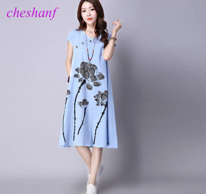 Loose Cozy Women Summer Casual Dress New 2021 Fashion Lotus Pattern Print Short Sleeve Cotton Linen Comfortable Long Dresses #15 | Женская