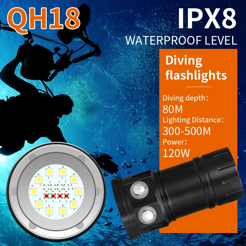 Tinhofire QH18 120W Diving Flashlight Underwater IPX8 80M Photography Video 12000LM White Red Blue LED Scuba Photo Fill light
Tinhofire QH18 120W Diving Flashlight Underwater IPX8 80M Photography Video 12000LM White Red Blue LED Scuba Photo Fill light