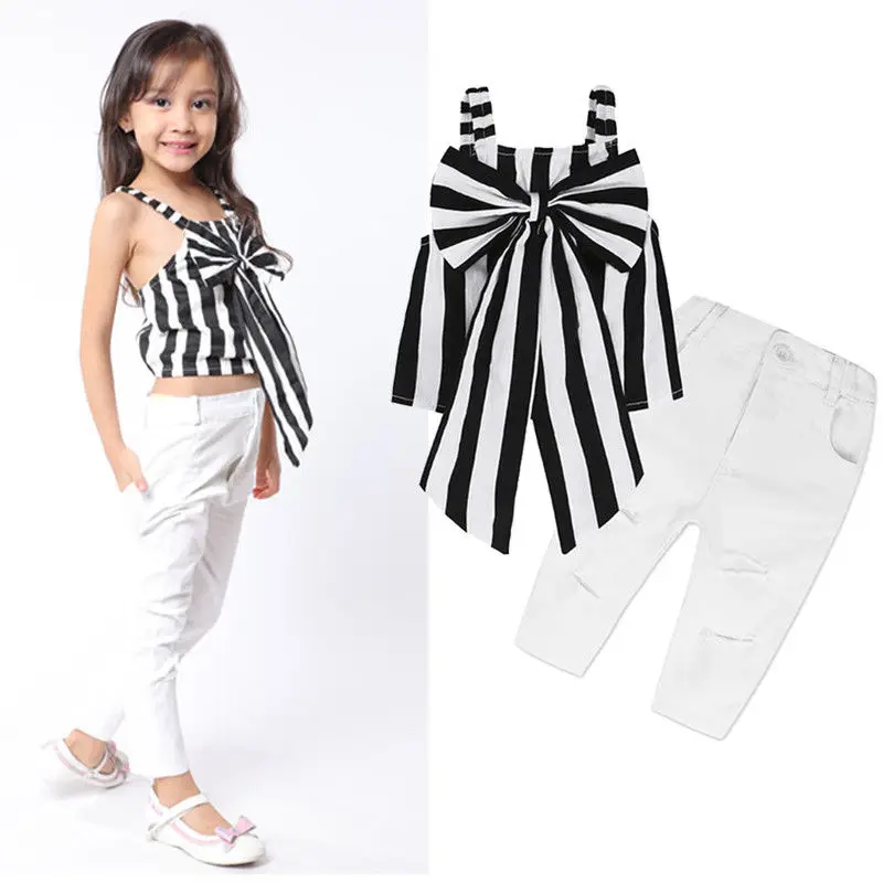 Baby Girls Clothing Suits Striped Sleeveless Big Bow Tops+ White Hole Jeans Pants 2pcs Bebe Girls Clothes Sets
Baby Girls Clothing Suits Striped Sleeveless Big Bow Tops+ White Hole Jeans Pants 2pcs Bebe Girls Clothes Sets