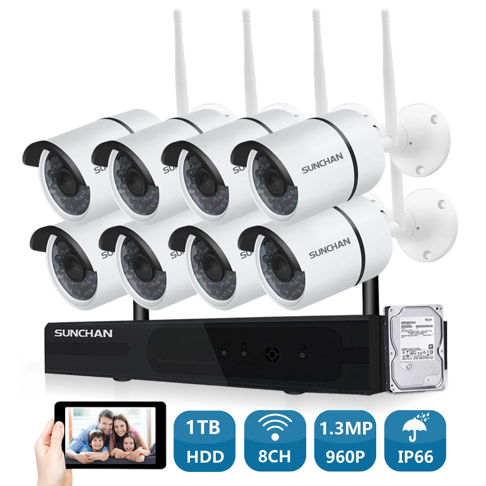 SUNCHAN 1.3MP 8CH NVR 960*1280 беспроводной CCTV системы в/открытый ночное видение Wi Fi