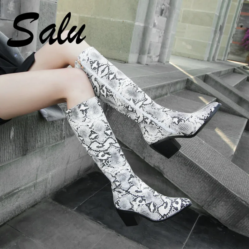 

Salu Autumn Winter Fashion Sexy Pointed Toe Thin Heels Women Knee High Boots Animal Prints Pu Leather Zipper Party Shoes Woman