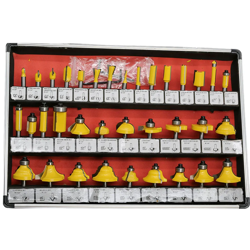 35PCS 1/4"(6.35mm) Shank Tungsten Carbide Router Bit Set Wood Woodworking Cutter Trimming Knife Forming Milling w/ Wood Case box
35PCS 1/4"(6.35mm) Shank Tungsten Carbide Router Bit Set Wood Woodworking Cutter Trimming Knife Forming Milling w/ Wood Case box