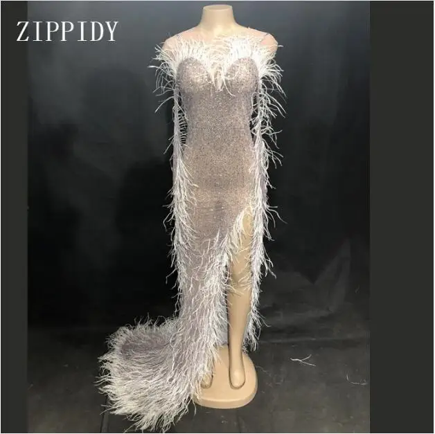 Silver Rhinestones White Feather Mesh Dress Birthday Celebrate Transparent Net Dress Singer Evening Costume Long Dress YOUDU
Silver Rhinestones White Feather Mesh Dress Birthday Celebrate Transparent Net Dress Singer Evening Costume Long Dress YOUDU